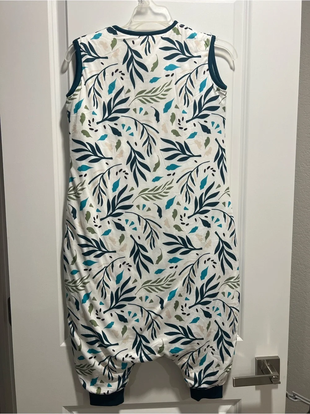 Sleeveless White Baby Sleep Sack with legs with Blue and Green Leaf Print